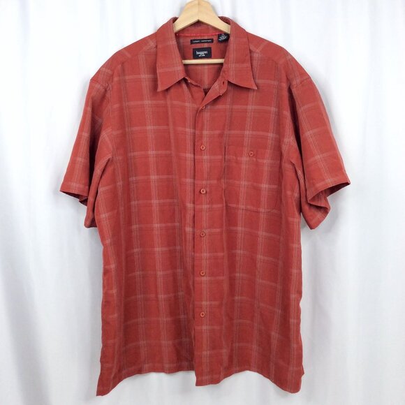 Haggar Mens Luxury Microfiber Shirt XXL 2XL Rust Red Plaid Short Sleeve Button - Picture 1 of 5